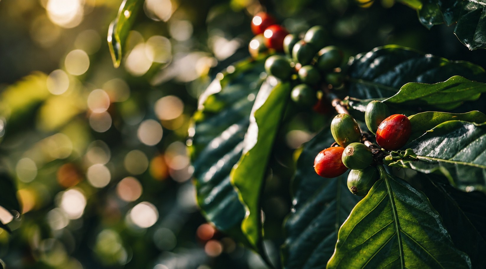Galho de cafeeiro com frutos verdes e vermelhos entre folhas, ao sol.
