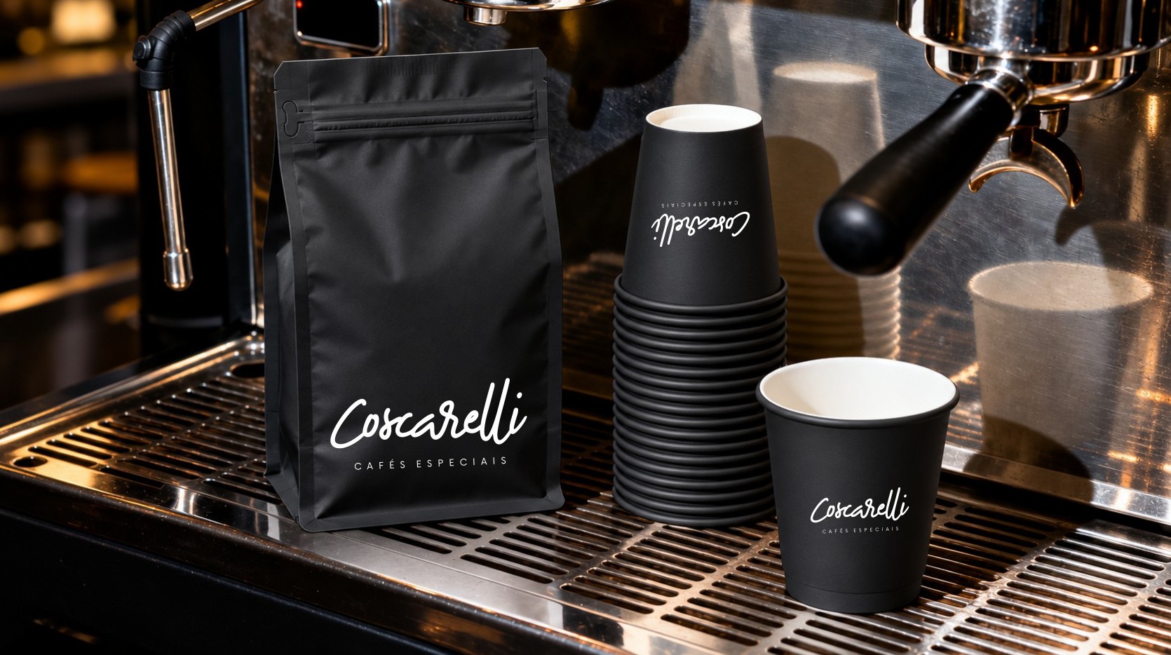 Pacote preto Coscarelli ao lado de uma pilha de copos pretos sobre a bancada de uma máquina de espresso.