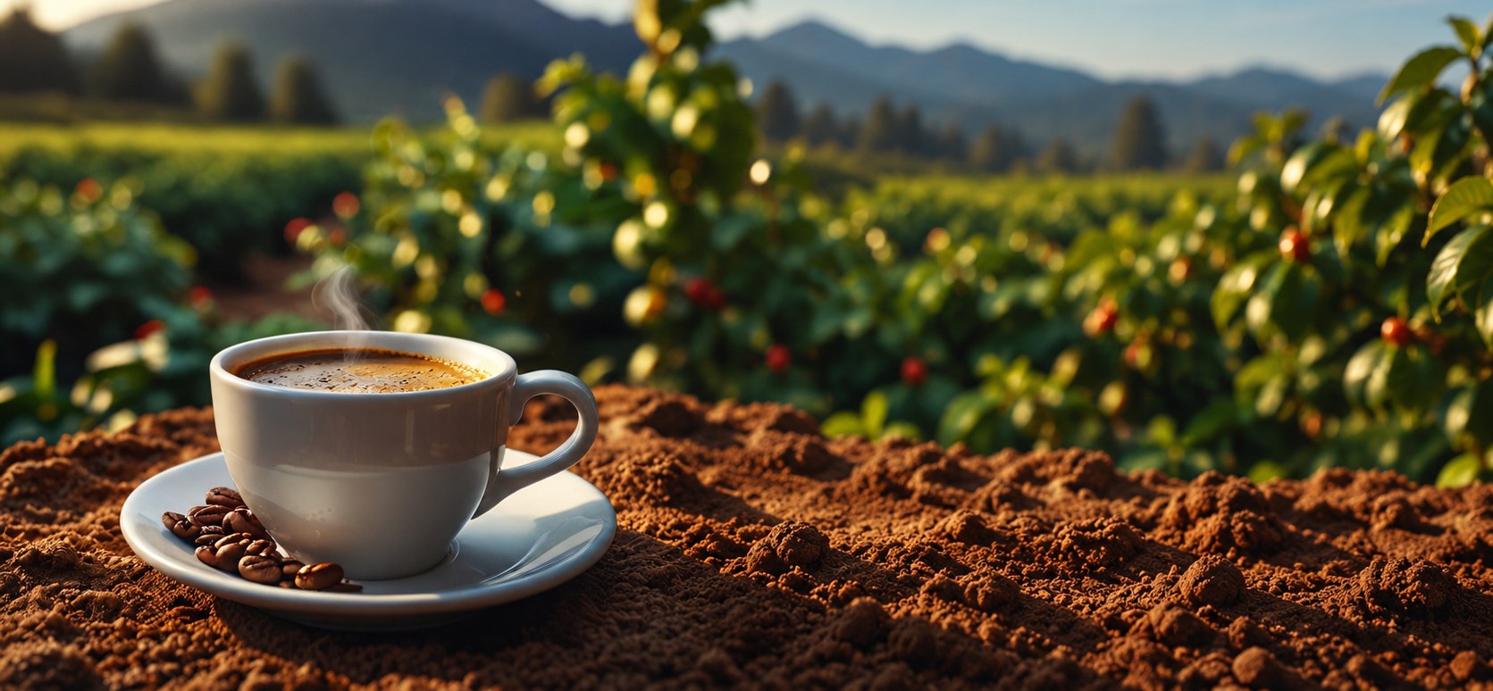 Xícara de café com vapor sobre a terra, diante de um cafezal e das montanhas ao fundo.